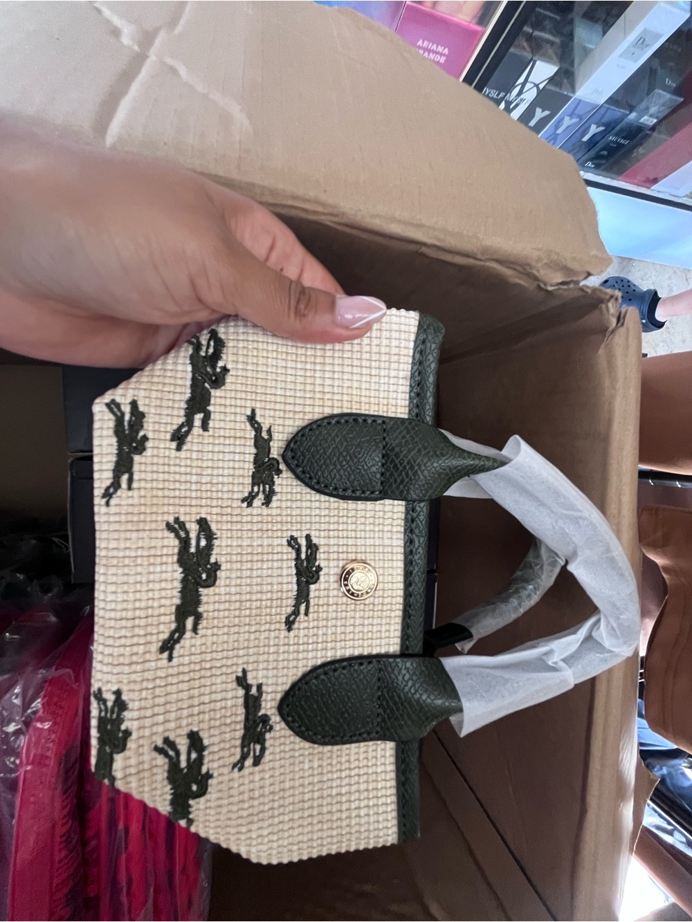 Longchamp Le Panier Green Trim Woven Mini Tote Leaping Horse Motif basket bag - Picture 4 of 5